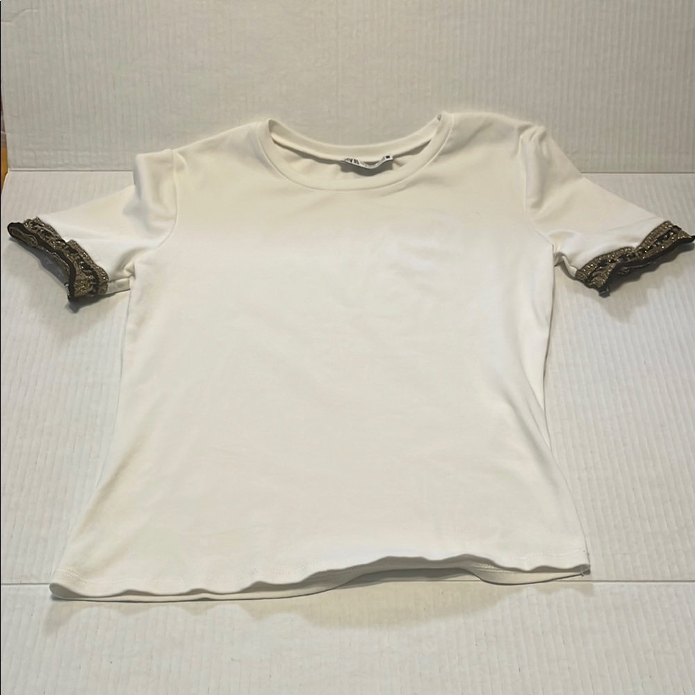 Zara Cream Fitted Short Sleeve T-Shirt with Embellished Trim